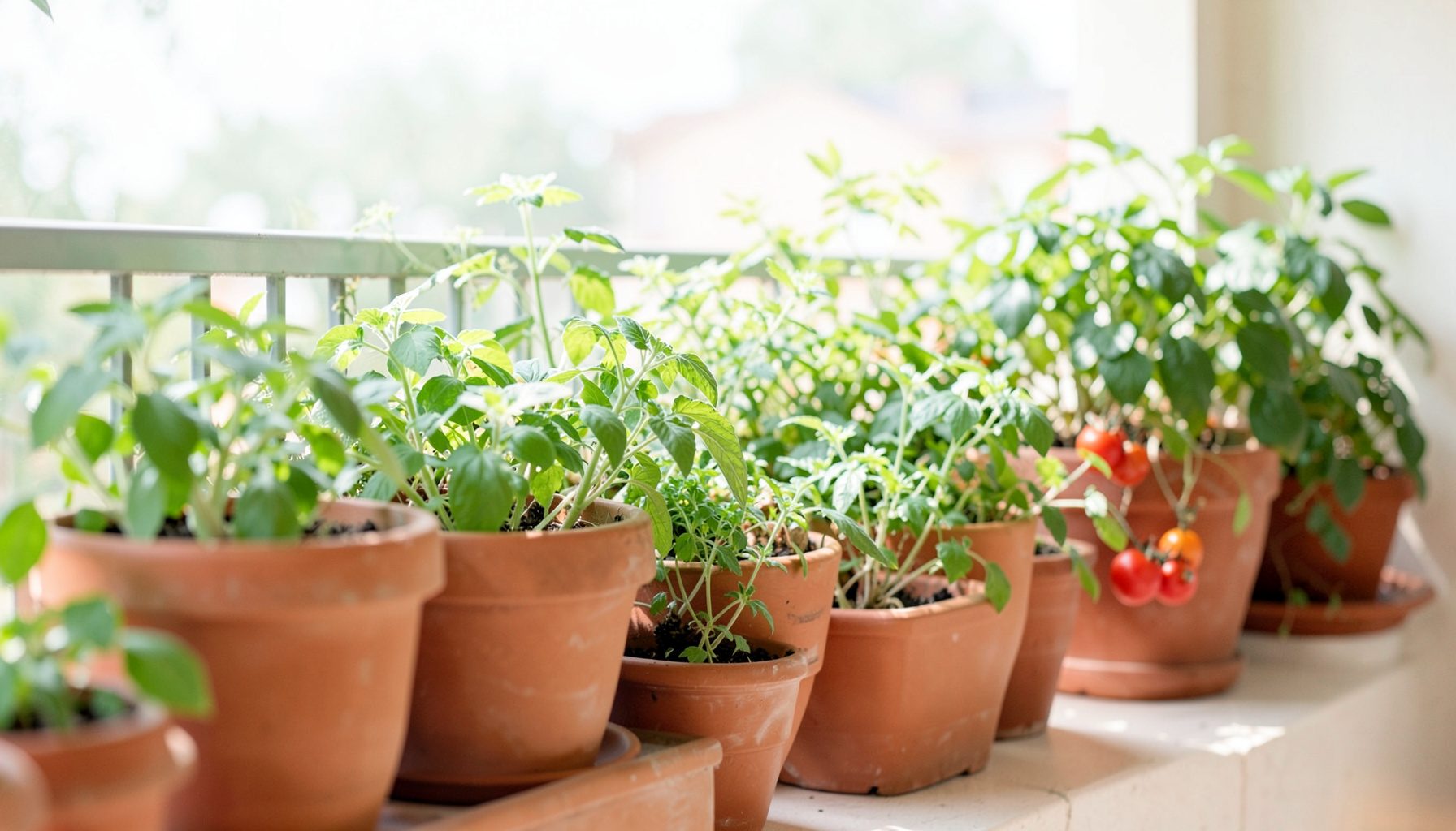 Sunlit balcony lined with terracotta pots overflowing with leafy greens, herbs, and ripening tomatoes, soft green and warm terracotta tones, calm homegrown mood.
