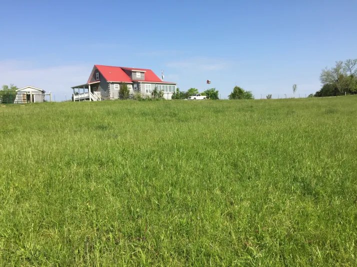A tidy gray house with a red roof on a grassy hillside under bright blue sky, calm rural mood.