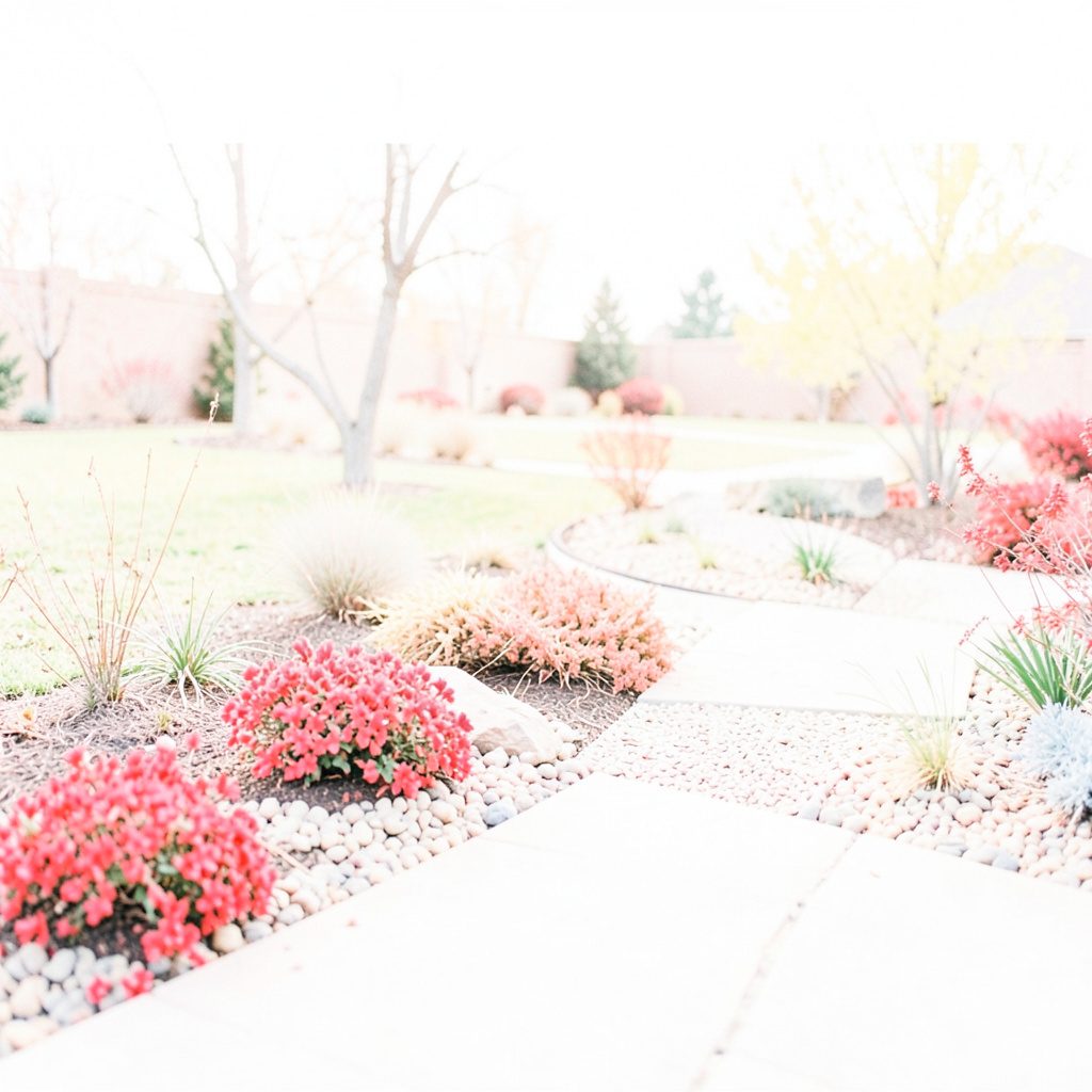 Natural stone hardscape with neat garden edging and soft green plantings, daylight airy mood.