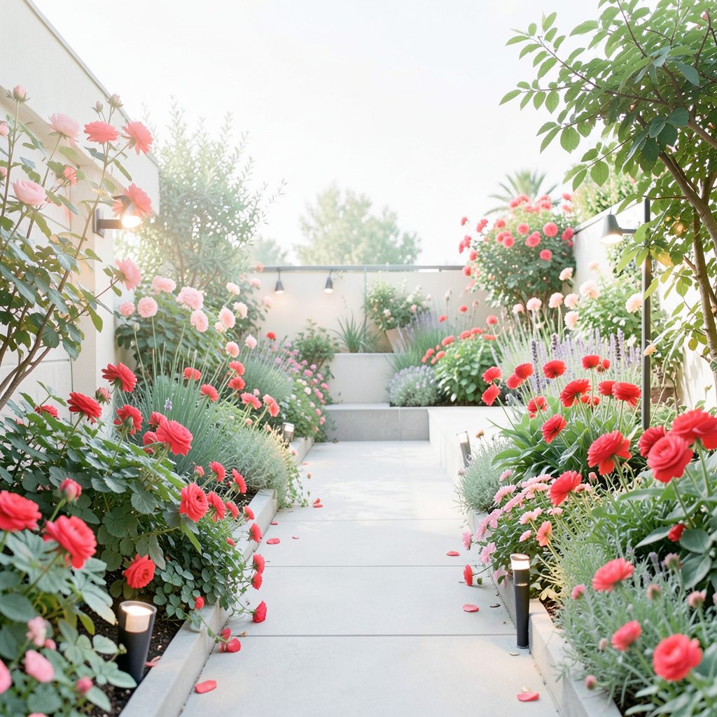 Soft warm garden terrace at dusk with glowing path lights nestled along the steps, muted olive and navy tones, calm evening mood.