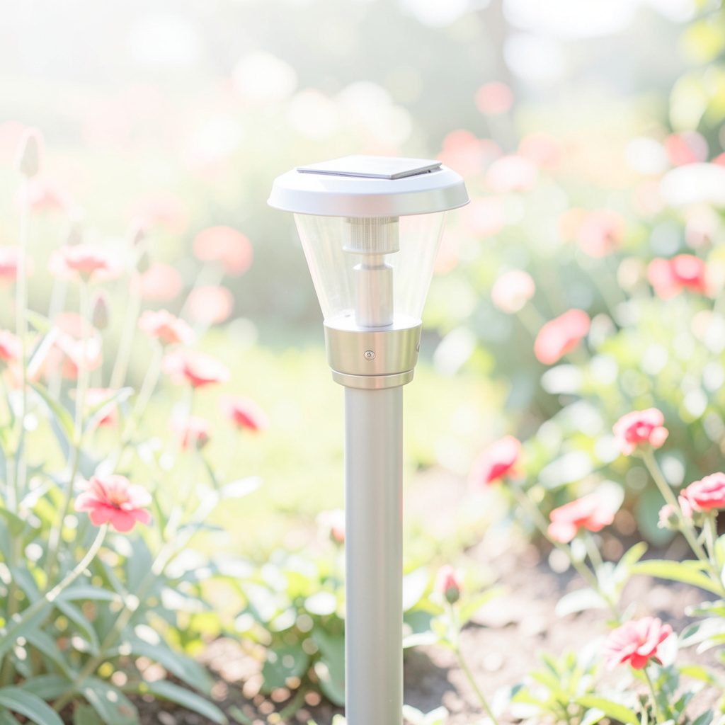 Decorative solar garden lights lining a vegetable bed in green and warm gold tones, bright daytime mood.