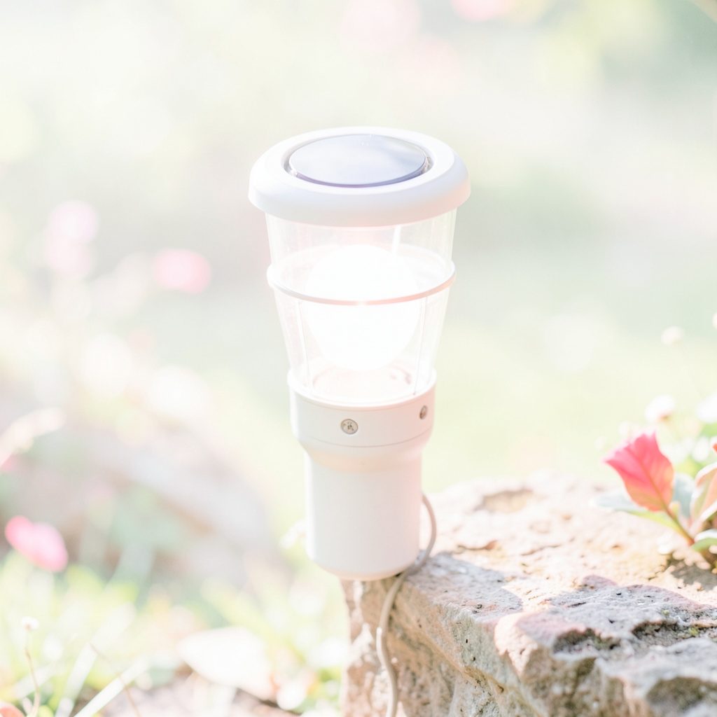 Solar garden lamps glowing softly along a grass edge in warm amber tones, peaceful evening mood.