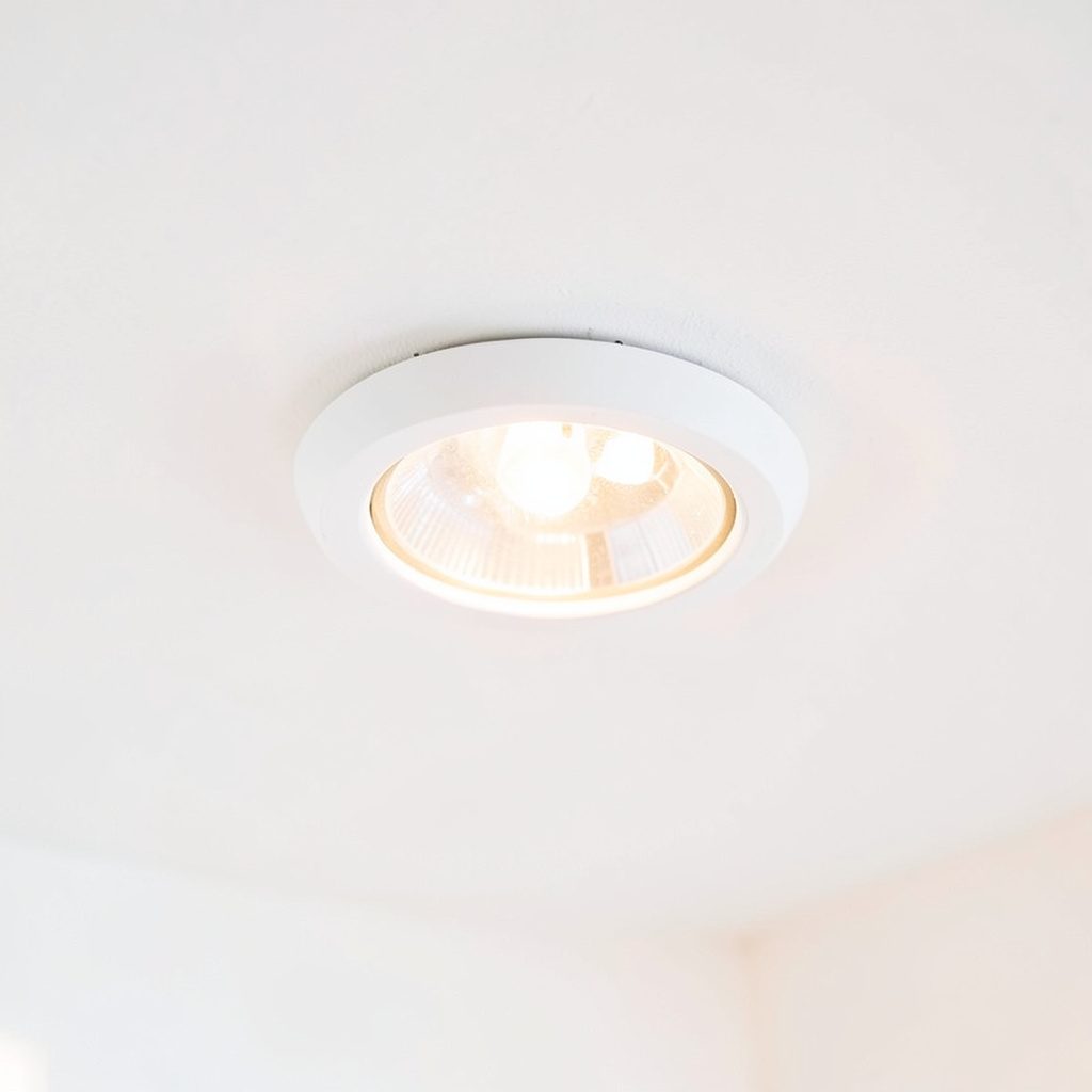 Decorative outdoor ceiling light glowing above a garden seating area, soft warm tones.