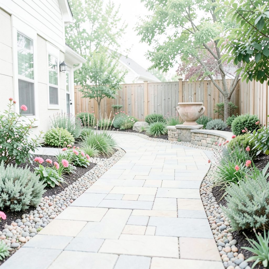 Hardscaped raised bed with neat paving and tidy green plantings, airy bright daylight mood.